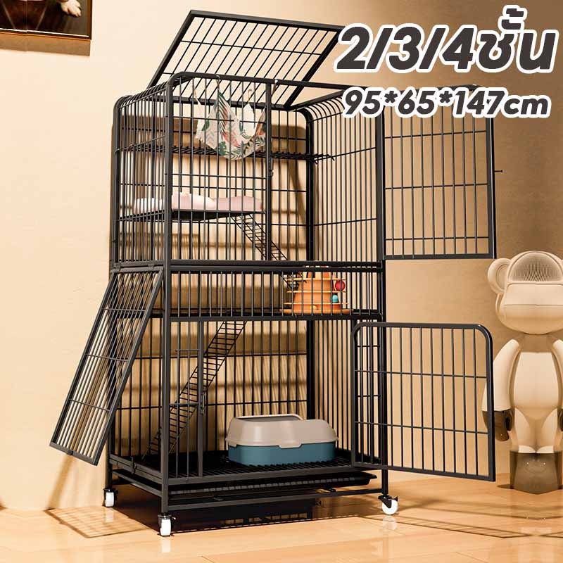 กรงขังแมว Pet Cage กรงแมวขนาดใหญ่ 2/3/4ชั้น กรงสัตว์เลี้ยง มีล้อและบันได การออกแบบหลายประตู ประกอบง่าย