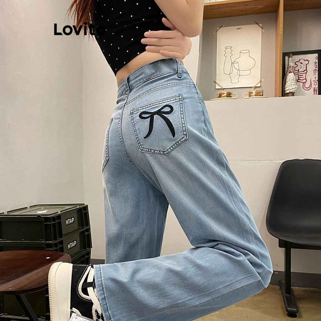 Lovito กางเกงยีนส์ผู้หญิง สีพื้น แบบปักลาย สไตล์ลำลอง LNM64113