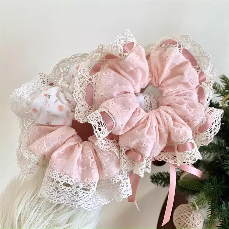 ขนาดใหญ่สีชมพูดอกไม้พิมพ์ลูกไม้ Bowknot เชือกผมผูกผม Scrunchies เครื่องประดับผม