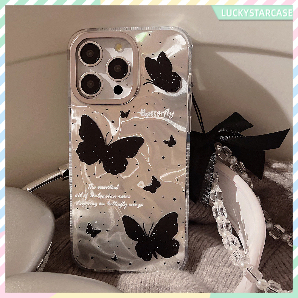 โรแมนติก ผีเสื้อ เคสโทรศัพท์ For iPhone 12 13 15 16 11 14 Pro Max XR X 7 6S 8 6Plus XS Max SE เลเซอร์ แวววาว ตลกดีนะ เคส