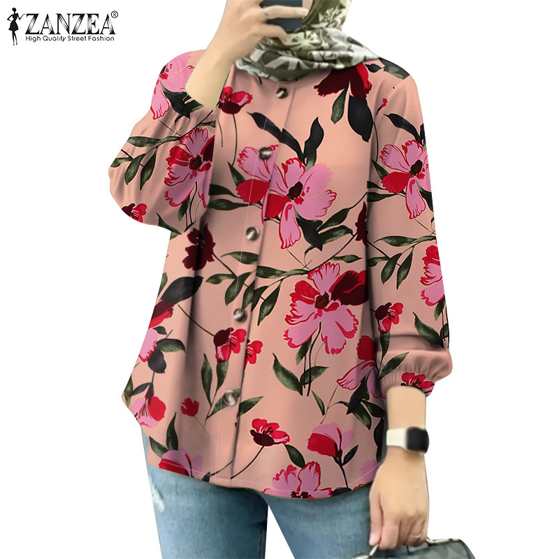 ZANZEA ใส่ ซานเซีย ผู้หญิงมุสลิมแฟชั่นพัฟแขนเสื้อปุ่มพิมพ์ โอ-คอ เสื้อเบลาส์