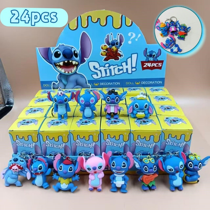 กล่องสุ่ม24ชิ้น Stitch พวงกุญแจ Disney อะนิเมะ ฟิกเกอร์ keychain ของเล่นเซอร์ไพรส์ GiftBox พีวีซี หลากหลายรูปแบบให้เลือก
