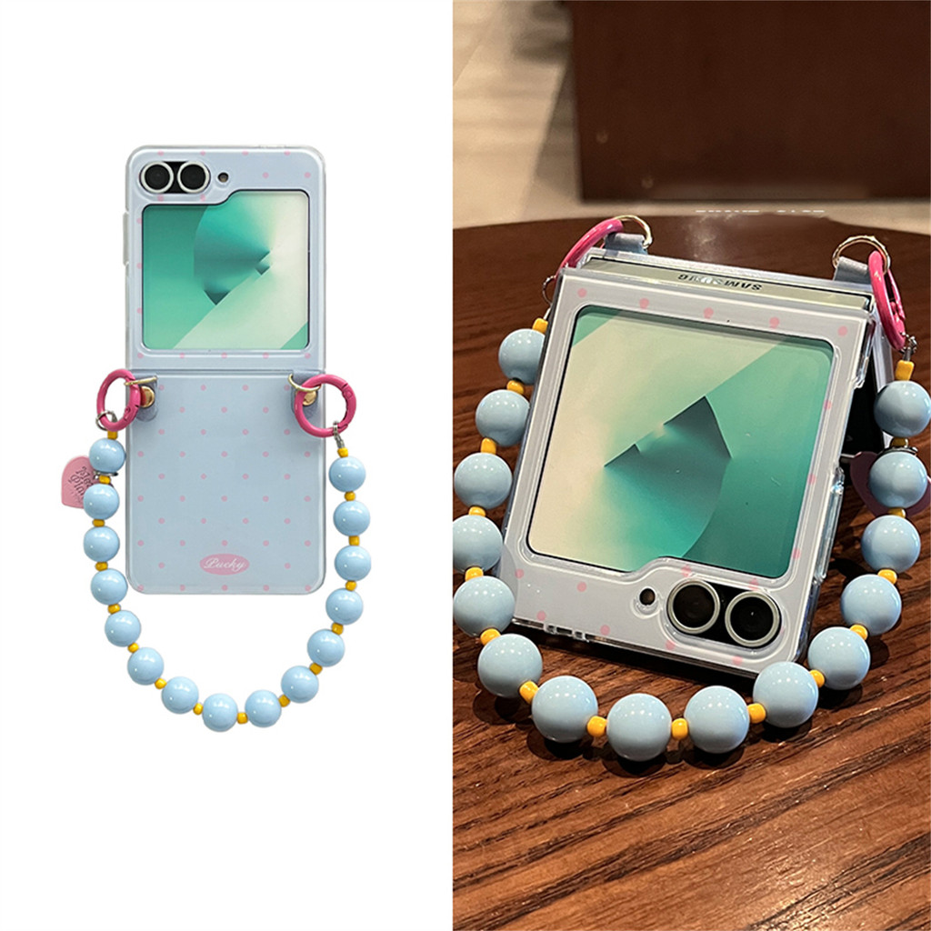 Simple Korean Wave Point Blue Case with Love Heart Bracelet Chain for Samsung Galaxy ZFlip6 ZFlip 5 
