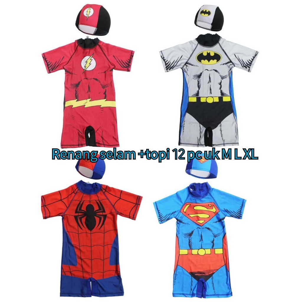 ชุดว่ายน้ําเด็กผู้ชาย Dive Suit 2 in 1 batman spiderman ironman superman Hat