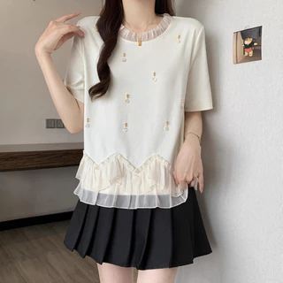 【S-6XL】 เสื้อยืด เสื้อเบลาส์ แขนสั้น คอระบายฟุ้งฟิ้ง ชายลูกไม้ ปักไข่มุก สไตล์คุณหนูวินเทจ ใส่สบาย