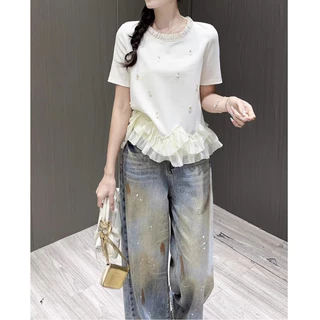 【S-6XL】 เสื้อยืด เสื้อเบลาส์ แขนสั้น คอระบายฟุ้งฟิ้ง ชายลูกไม้ ปักไข่มุก สไตล์คุณหนูวินเทจ ใส่สบาย