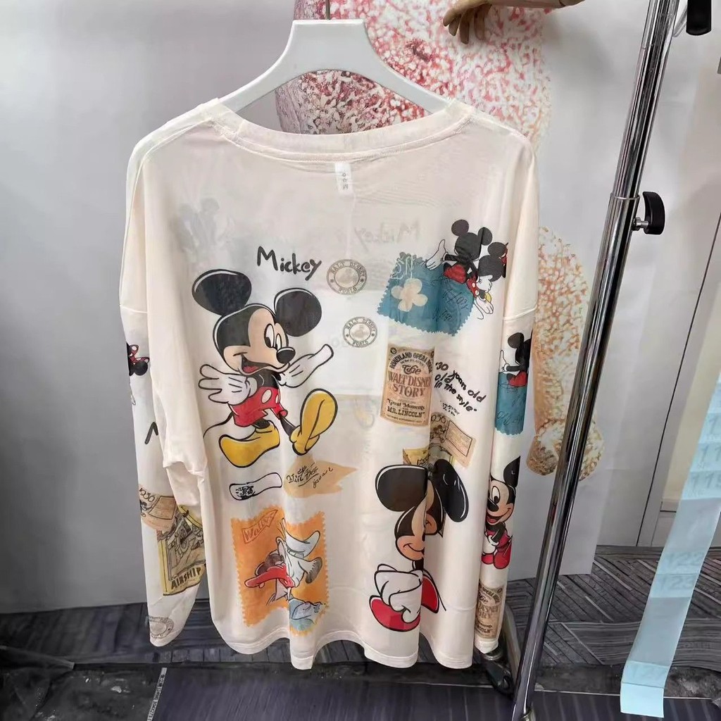 เสื้อยืดแขนยาวสำหรับผู้หญิง พิมพ์ลายมิกกี้ ตาข่ายบางเบา ป้องกันแสงแดดน่ารักสไตล์การ์ตูน