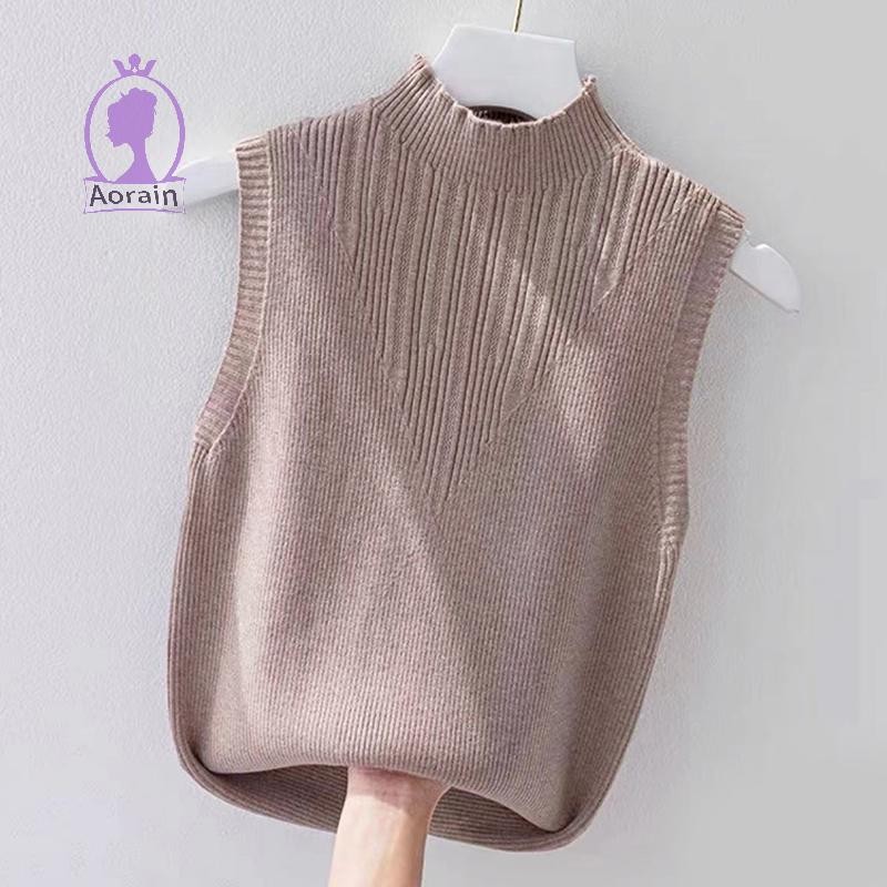 เสื้อกั๊กลายครึ่งคอเต่าแขนกุดสำหรับผู้หญิง สไตล์เกาหลี สีทึบ สำหรับฤดูร้อน – โปรปัง