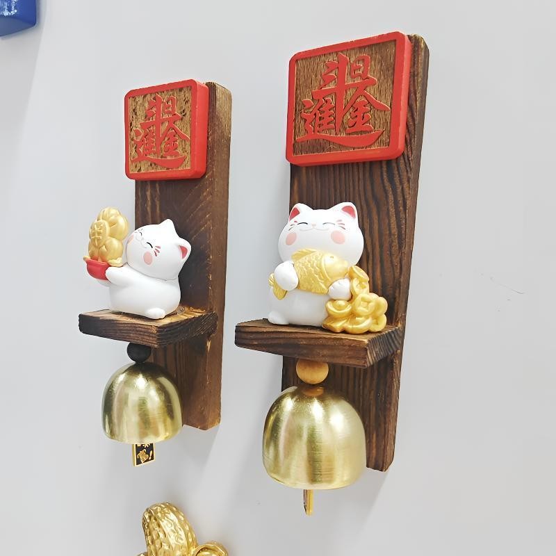 น่ารักสไตล์ญี่ปุ่น3งแมวนําโชคไม้ตู้เย็นสติกเกอร์ระฆังจี้ประตูทางเข้าตกแต่งแม่เหล็ก