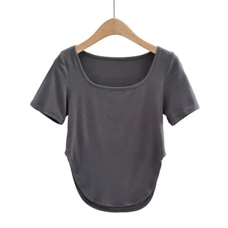 เสื้อแขนสั้นผู้หญิงคอเหลี่ยมลึก ผ้านุ่มดีสำหรับยืดตามตัว