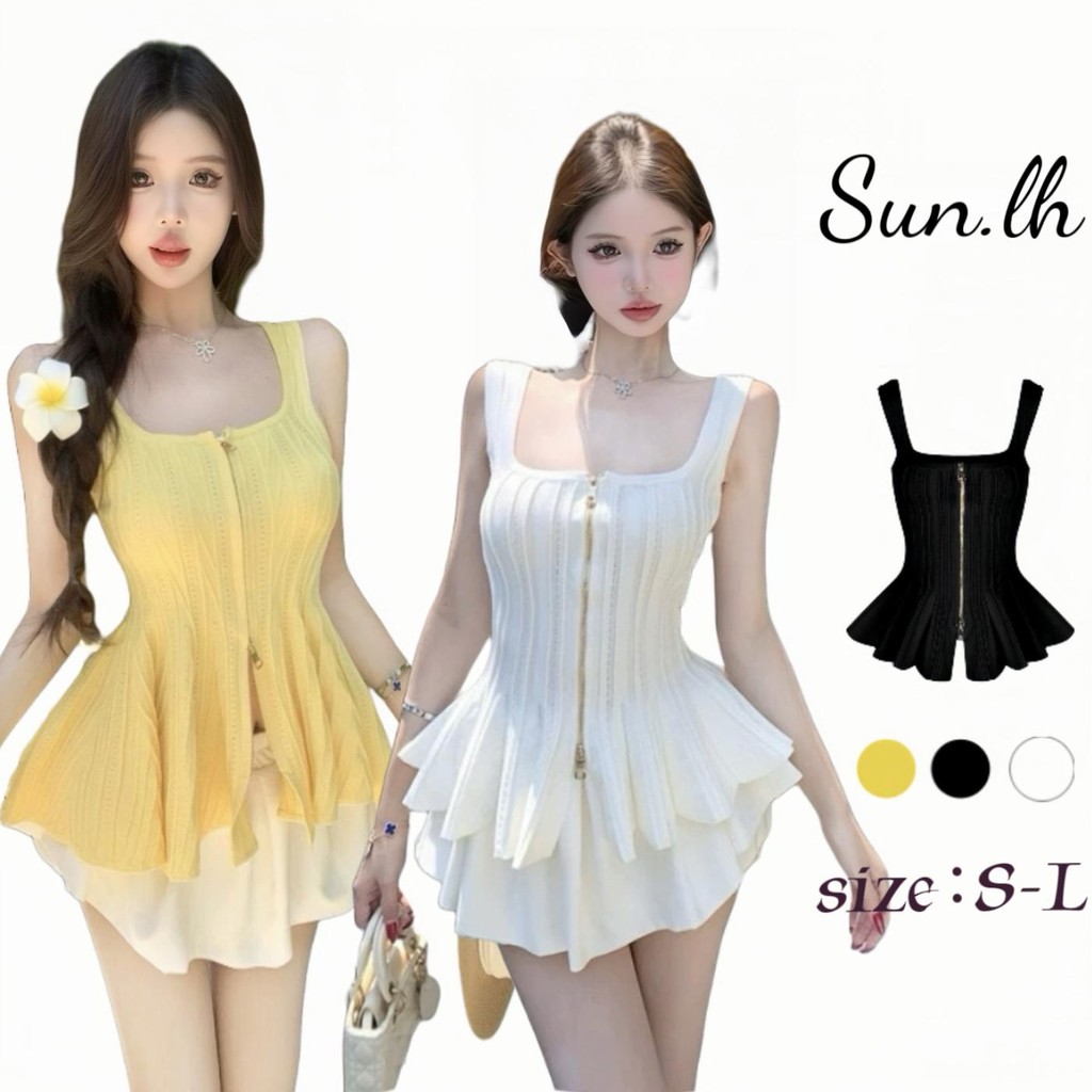 SUN🛍️พร้อมส่ง🛍️กระโปรงบัลเล่ต์จีบคอวีลึกสำหรับผู้หญิง ผ้าถัก เสื้อเชิ้ต