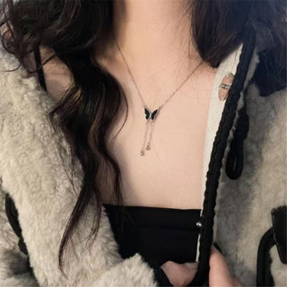 สร้อยคอพู่ผีเสื้อสีดำย้อนยุค สไตล์เกาหลี สำหรับสาวๆ พร้อมโซ่…