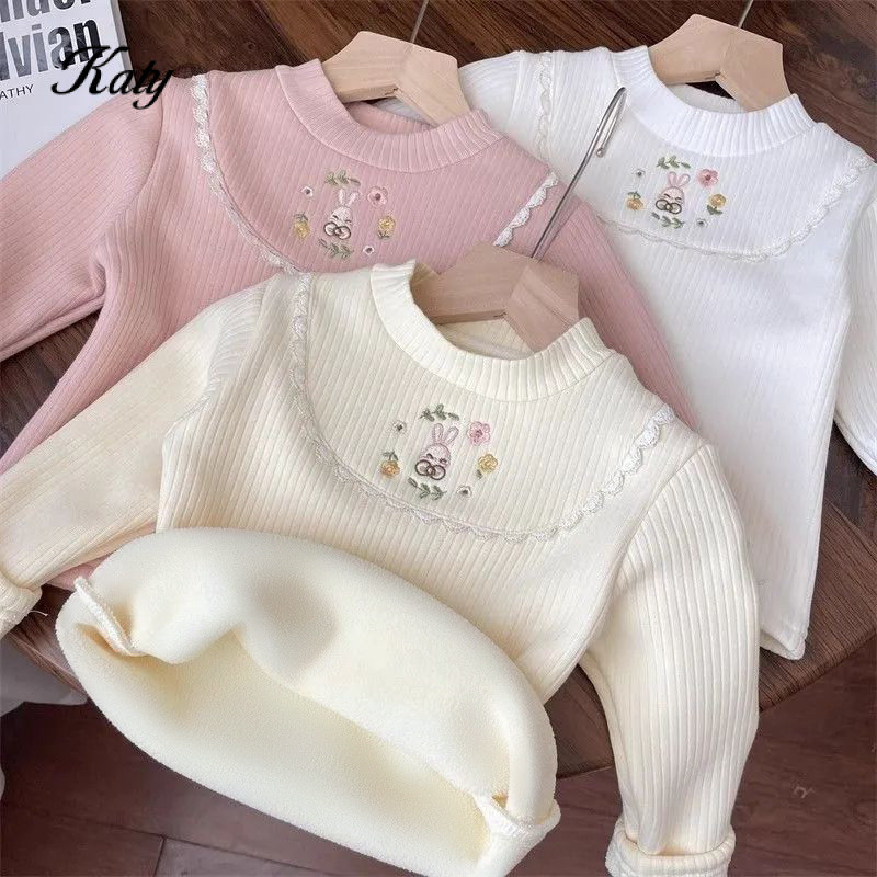 เสื้อตัวในสำหรับฤดูหนาวสำหรับเด็กผู้หญิงเสื้อคอเต่าครึ่งตัวบุขนกำมะหยี่สำหรับเด็กเสื้อยืดถักปักลายด้านในสำหรับเด็กผู้หญิงเสื้อผ้าเด็ก