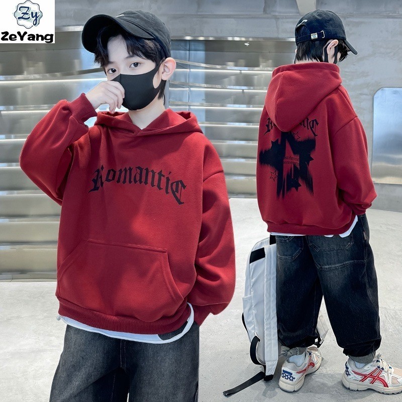 [ZY] 110-170 พร้อมสต็อกเด็ก Casual Hooded Sweatshirt สีแดงแฟชั่นเสื้อยืดแขนยาวฤดูใบไม้ร่วงฤดูหนาวเด็ก Hooded Top All-Match