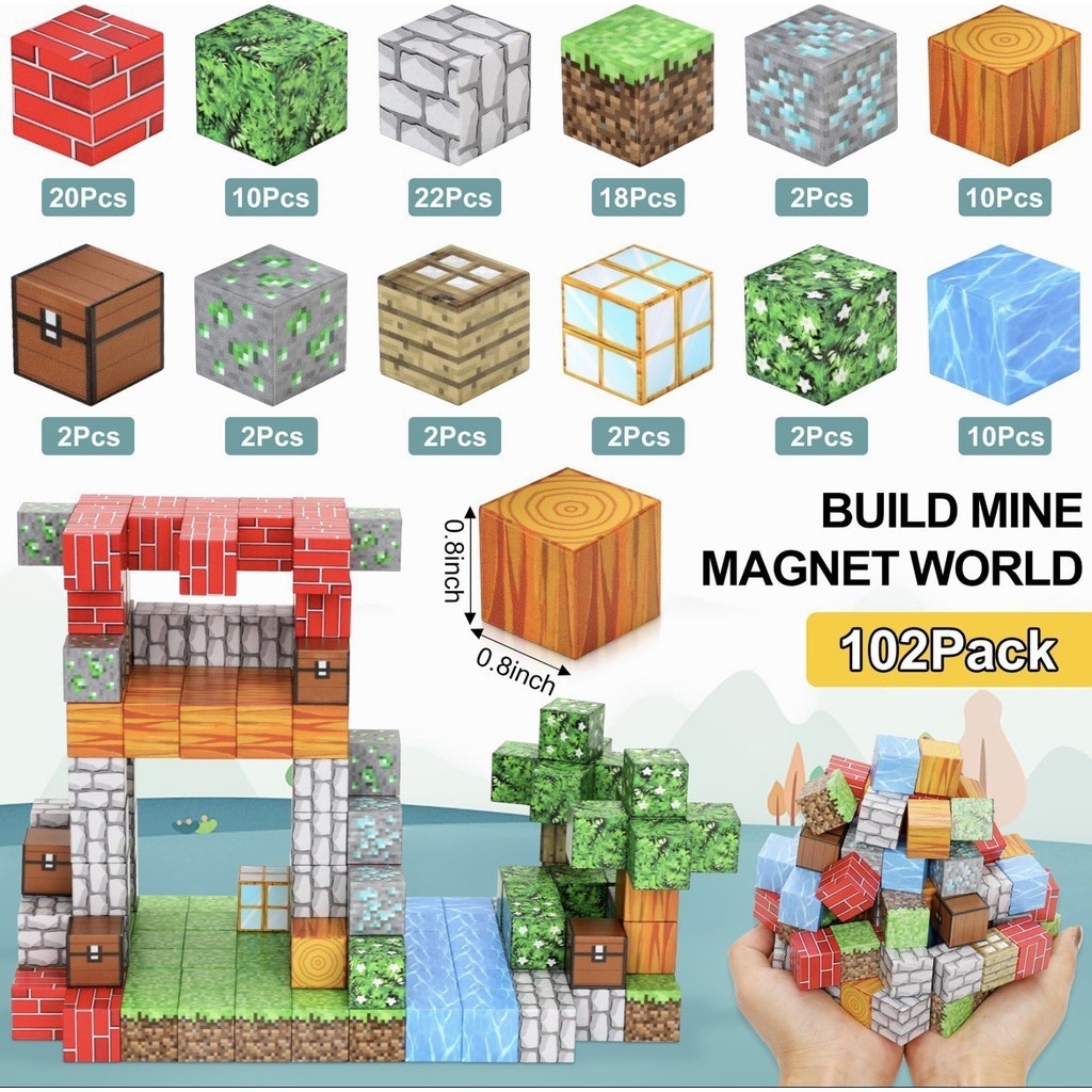 มายคราฟ Minecraft ของเล่น แม่เหล็กสแควร์ บล็อกตัวต่อแม่เหล็กเด็ก DIY MC Magnetic Build