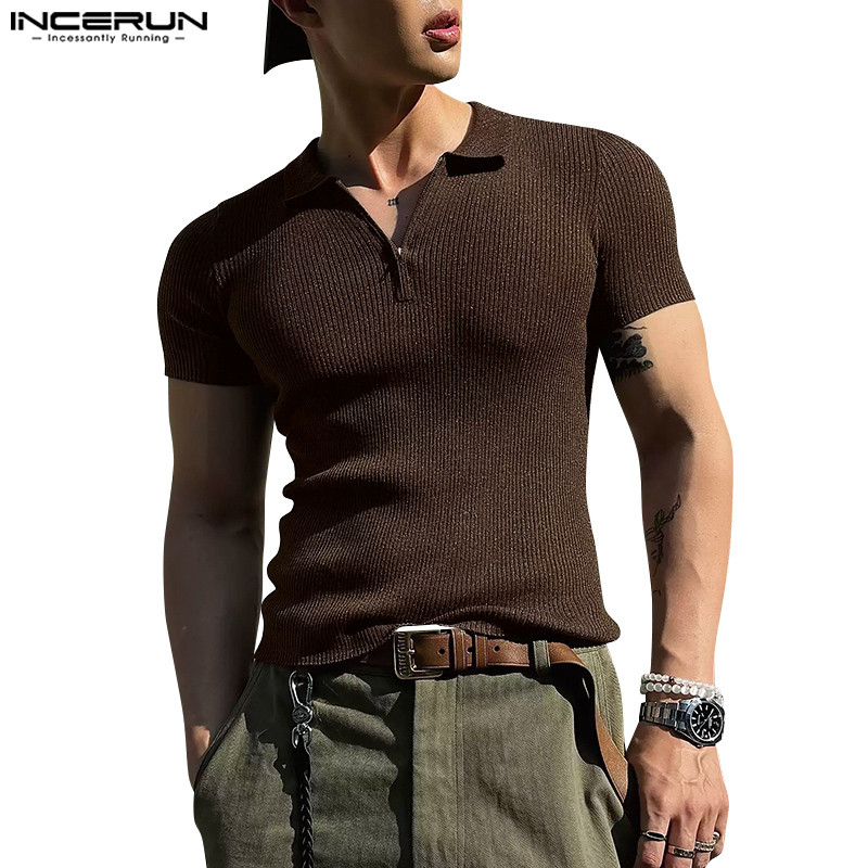 Incerun ผู้ชายเกาหลีแฟชั่นสีทึบลายซิปเสื้อโปโลปก