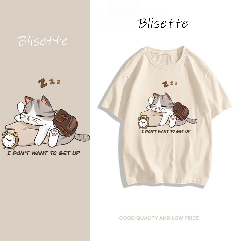 🚚【จัดส่งจากไทย】🍓เสื้อยืดพิมพ์ลายลูกแมวนอนหลับน่ารักสไตล์เกาหลี แขนสั้น คอกลม ผ้าหนา ขนาดใหญ่ เรียบง่ายและสวมใส่สบาย