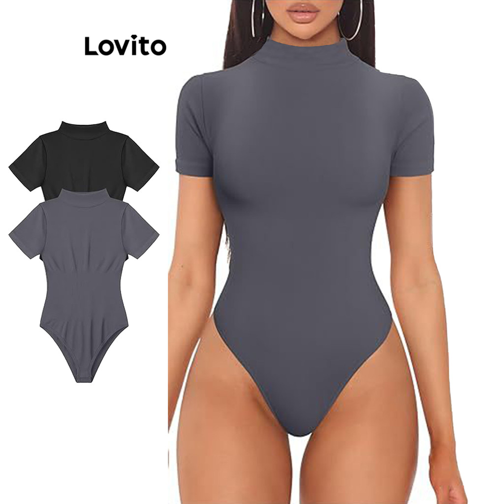 Lovito บอดี้สูทผู้หญิง เบสิก สีพื้น สไตล์หรูหรา LNE64263