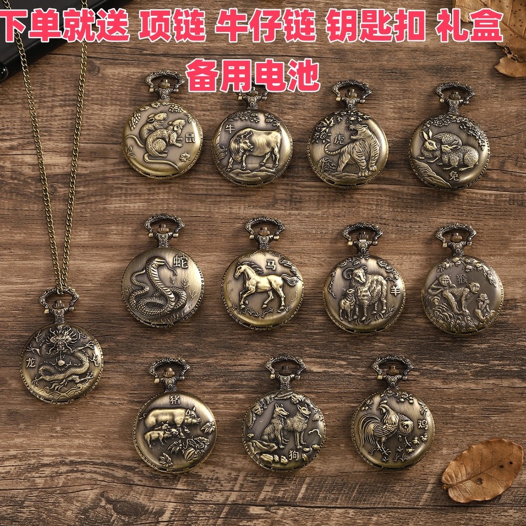 Zodiac Pocket Watch View Area Retro Flip Wall นาฬิกาของขวัญสร้อยคอ Creative ชายหญิงนักเรียนผู้สูงอาย