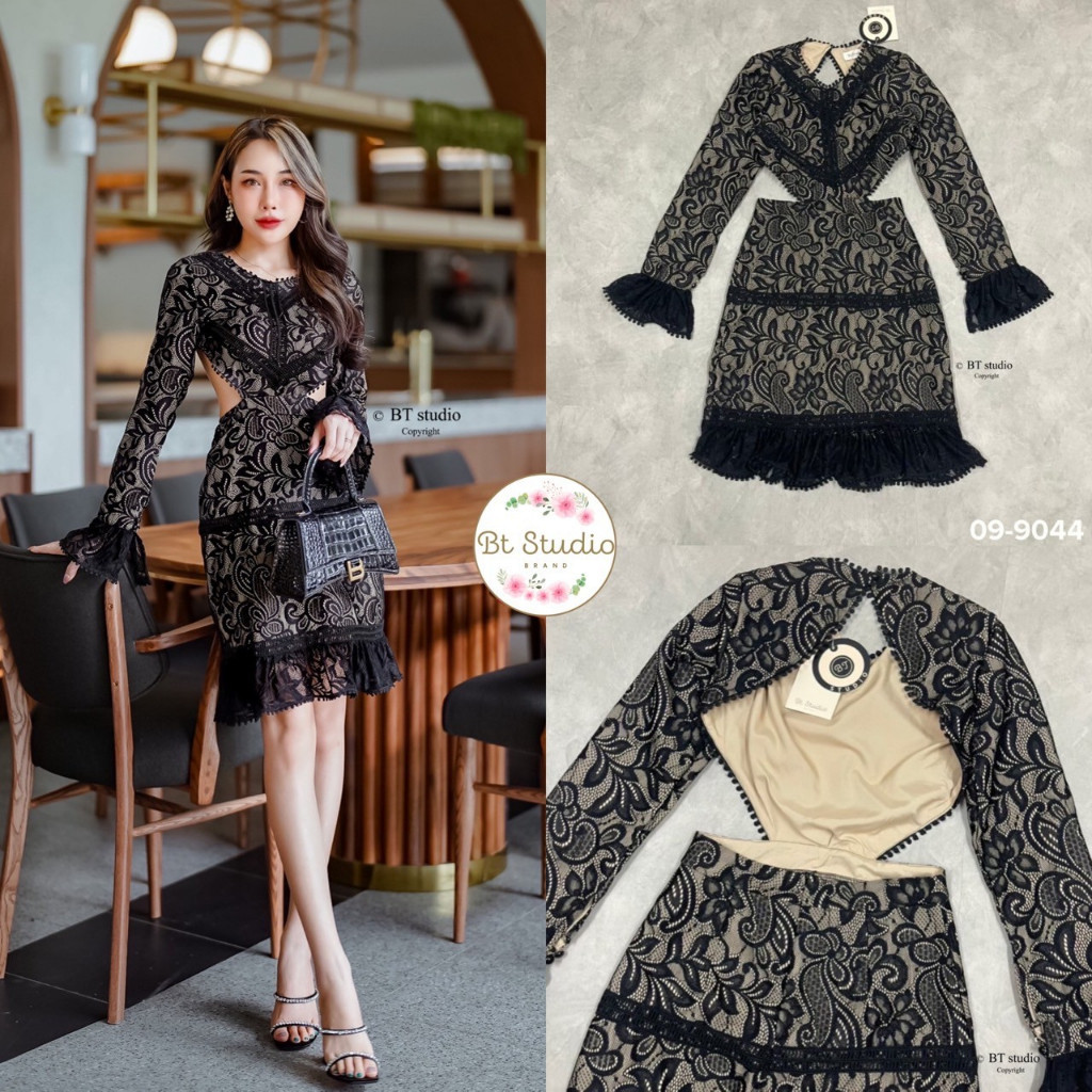 Cr. (xs-xl) (พร้อมส่ง) BT81-9044 เดรสแต่งลูกไม้ เว้าเอวถึงหลัง ปลายแขนแต่งระบายลูกไม้ cafe Cr.shop