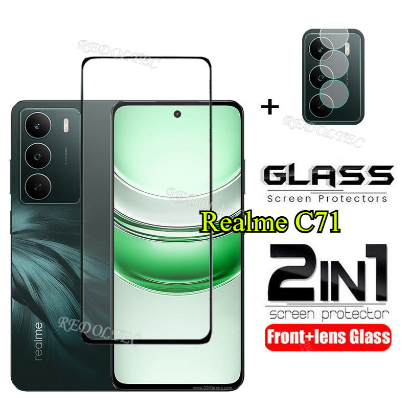 Realme C71 2 in 1 ป้องกันหน้าจอ + เลนส์ป้องกันคลุมทั้งหมดกาวเต็ม Realme C 71 C71 ฟิล์มกระจกนิรภัยป้อ