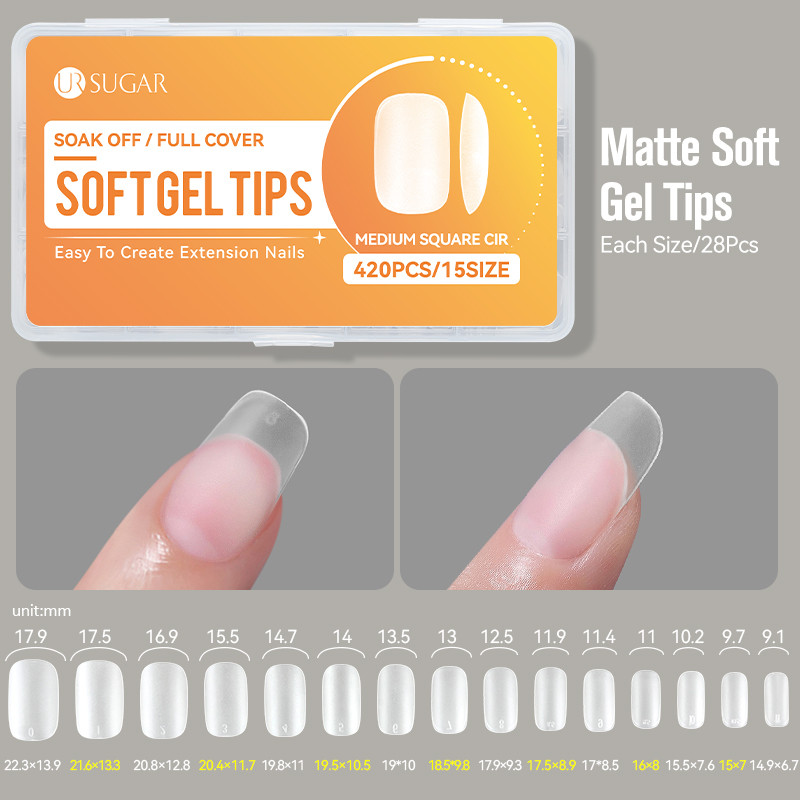 UR SUGAR 420pcs Soft Gel เคล็ดลับเล็บขนาดกลางสแควร์ Cir Clear False Matte เต็มรูปแบบกดบนเล็บปลอมขยายเล็บเครื่องมือ