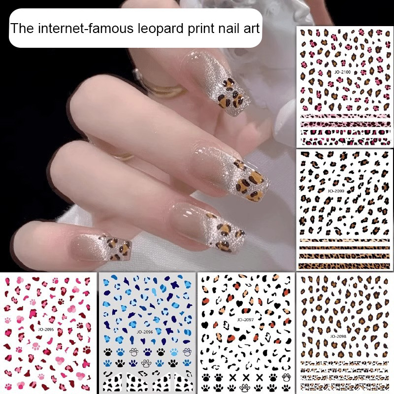Rou Bao เล็บเสือดาวพิมพ์สติกเกอร์สีน้ําตาลสีชมพูสีฟ้า 6 สีด้านหลังกาวเล็บ Art DIY ตกแต่ง-PY