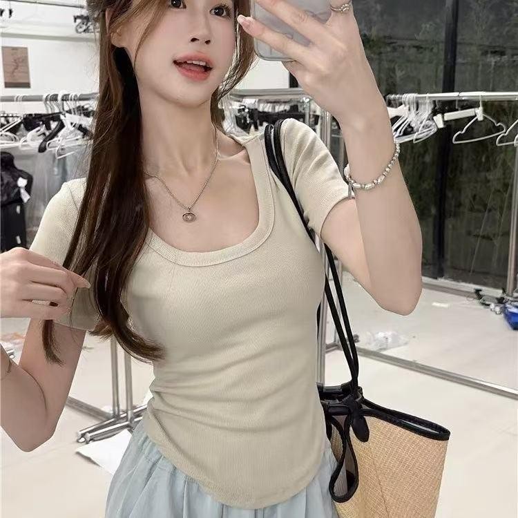 เสื้อยืดผู้หญิง เสื้อยืดคอยู สีทึบ เซ็กซี่ แขนสั้น ผิดปกติ ท็อปส์ซูผ้าฝ้าย แสดงผอม เสื้อยืดสาวอวบ เสื้อโอเวอร์ไซส์