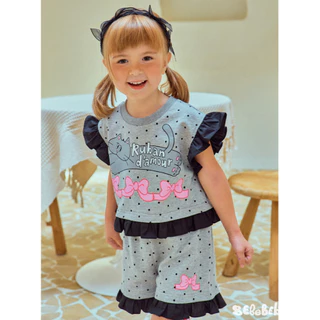 พร้อมส่ง ชุดเด็กหญิงแขนสั้น คอลเลคชันฤดูร้อนใหม่ เสื้อยืดผ้าฝ้ายลายจุดแขนบิน กางเกงขาสั้นยืดหยุ่น