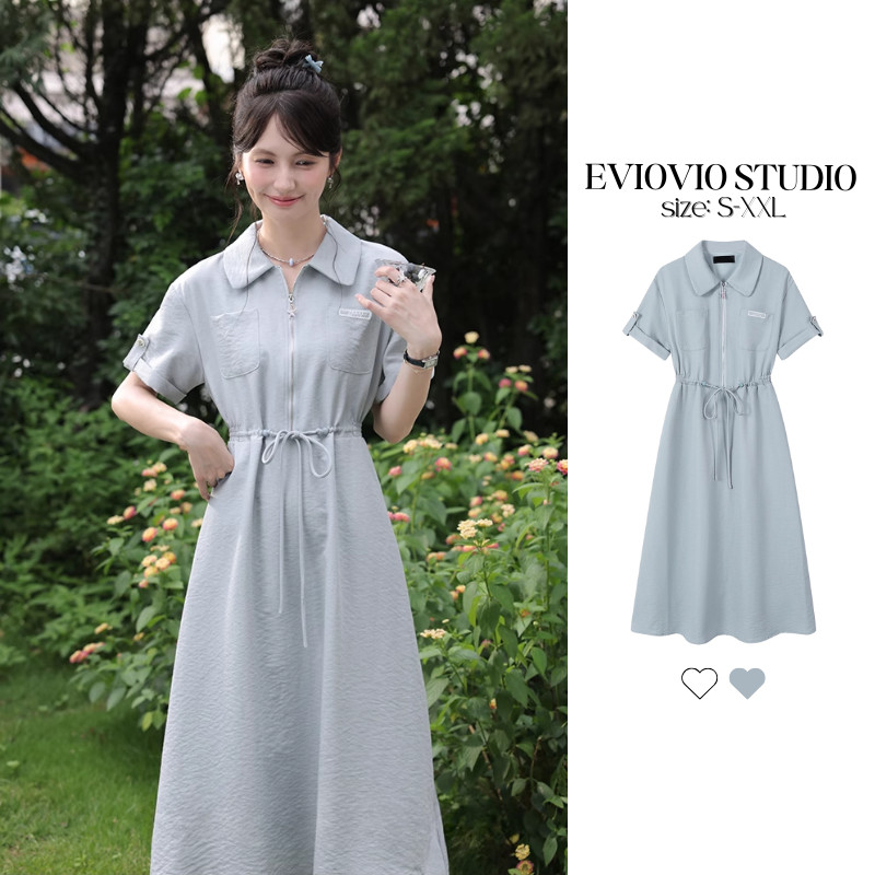 【EVIOVIO】 S-XXL เดรสเชิ้ตยาว สไตล์ซาฟารี คอปกซิปหน้า ดีเทลเชือกรูดเอวปรับได้ พร้อมกระเป๋าคู่หน้าอก