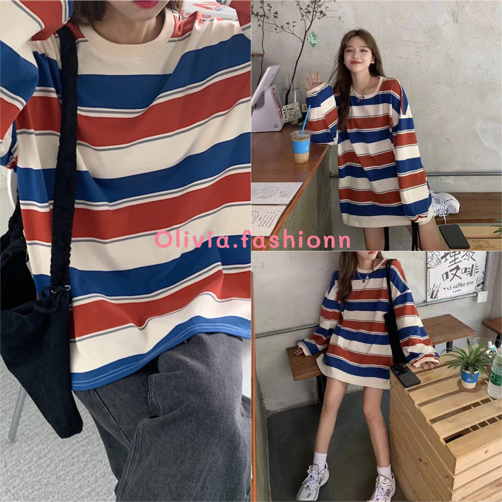 🦄Olivia🦄 เสื้อแขนยาวผ้า COTTON คอกลม ลายทาง ผ้าหนากันหนาวได้ โอเวอร์ไซส์ #392