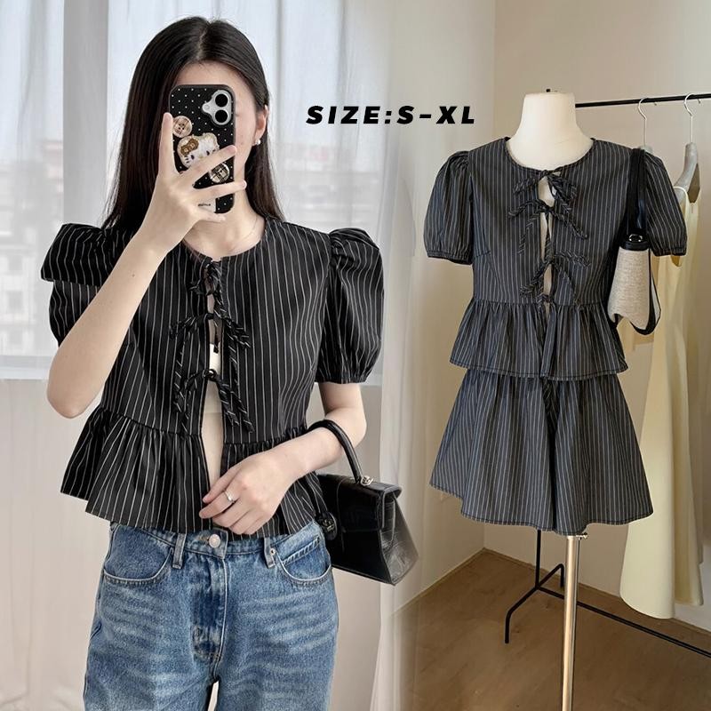 Mimi&didi#เสื้อเชิ้ตแขนพองลายทางย้อนยุคผูกโบว์ผูก jennie สไตล์เดียวกัน เสื้อครอปหลวมๆแขนสั้น สำหรับผู้หญิง#W599