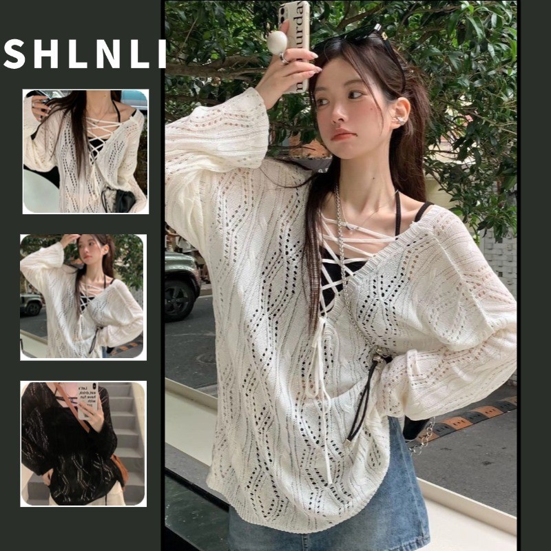 เสื้อสเวตเตอร์ถักถักผูกเน็คไทกลวงฤดูใบไม้ผลิและฤดูร้อนของผู้หญิงหลวมแขนยาวสีขาวด้านบน