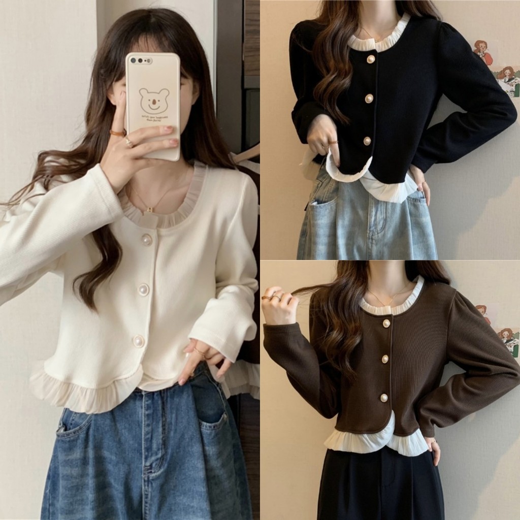 เสื้อไหมพรมแขนยาวสไตล์เกาหลี คอกลม กระดุมหน้า พื้นสี (Y7001-C) สำหรับผู้หญิง
