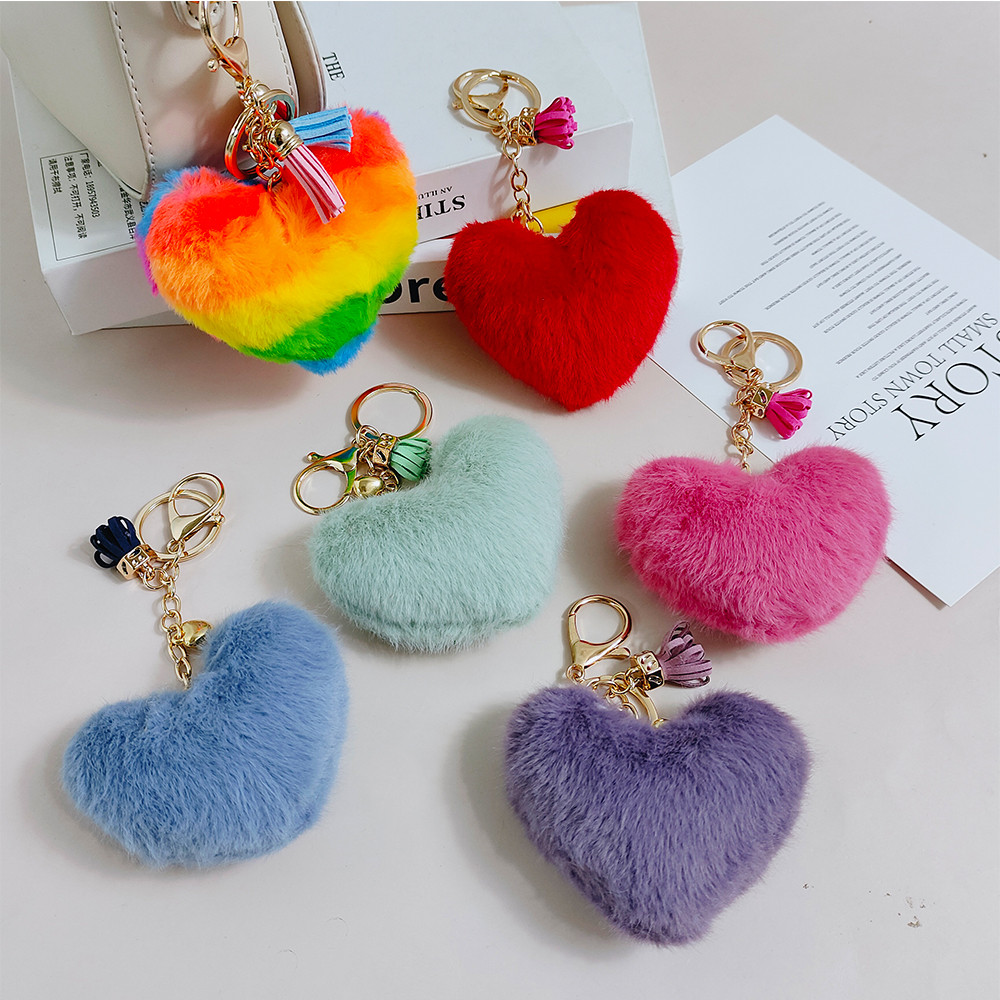 Sweet Plush Heart Shape พวงกุญแจพู่ขนาดเล็กแฟชั่น Fluffy Love พวงกุญแจกระเป๋าเครื่องประดับของขวัญของที่ระลึก