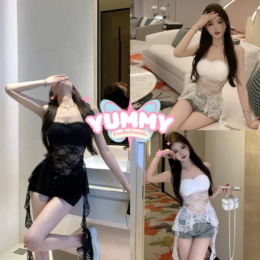 🎀Yummy Shop🎀 พร้อมส่ง  FY688  เสื้อเกาะอก น่ารักมากๆ ลายลูกไม้แต่งสายปลายปล่อย มีฟองน้ำ มีพื้น