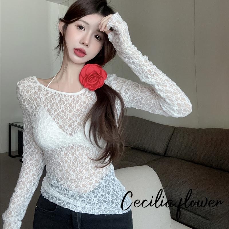 【ส่งจากไทย】​womens Sheer Tops ดอกไม้ลูกไม้ Scoop คอแขนยาว Casual Cover Ups Crop เสื้อสําหรับงานปาร์ต