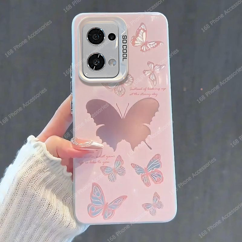 เคส OPPO Reno 13 13F 5G เคส OPPO Reno 13 Pro Reno13 5G เคสน่ารักสีชมพูผีเสื้อด้านแข็งกันกระแทกกรณีหรูหราชุบปุ่มโทรศัพท์สําหรับผู้หญิงสาวนักเรียน