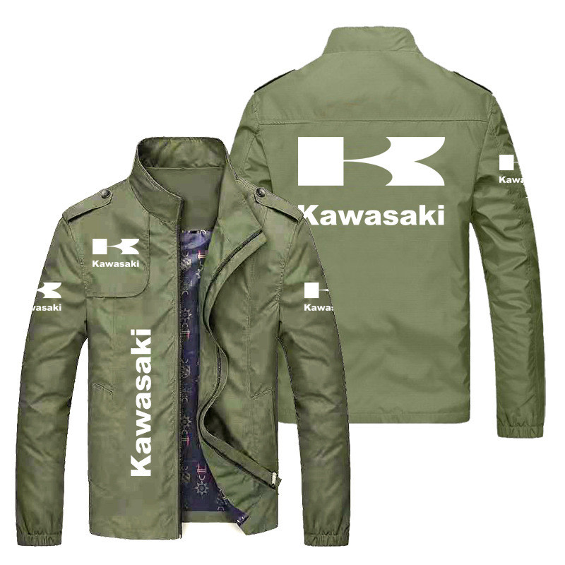 Kawasaki Motorcycle Jacket-Knight Exclusive Retro Style Green Jacket, Outdoor Cycling Zipper Stand C