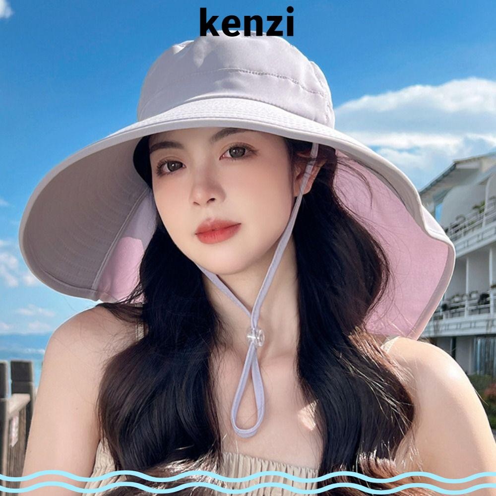 Kenzi หมวกปีกกว้างป้องกันรังสียูวี พับได้สำหรับผู้หญิง หมวกบัคเก็ตชายหาดสีทึบ