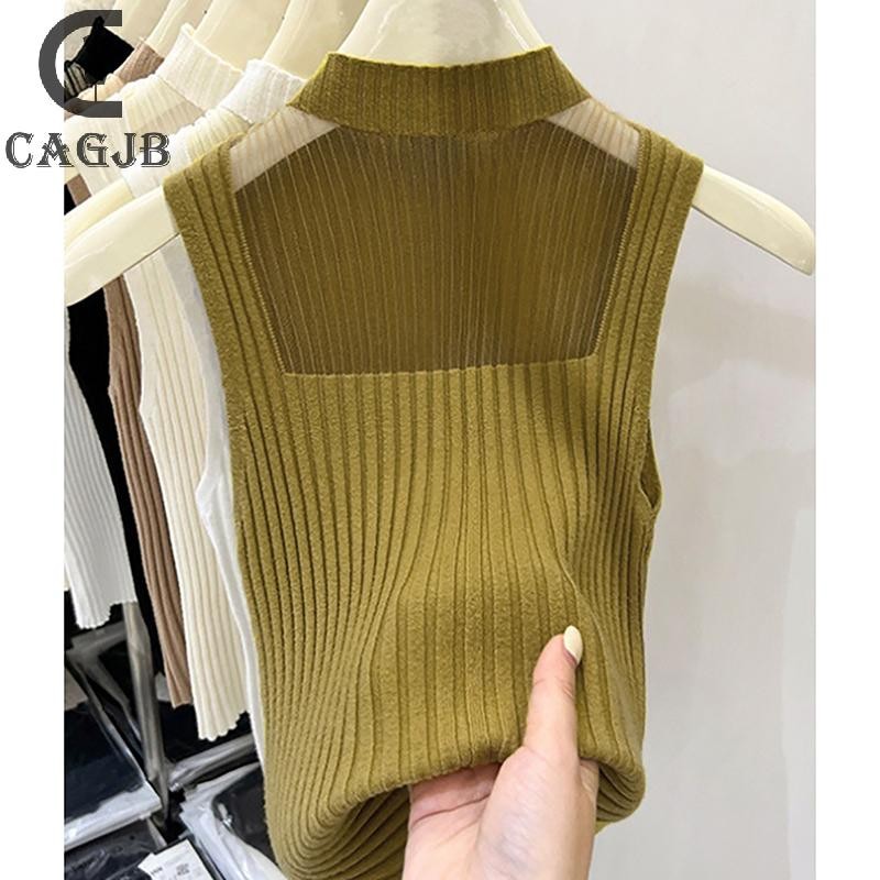 [SSNE] ฤดูร้อนครึ่งคอเต่าถักเสื้อกั๊กผู้หญิงเกาหลีตาข่ายแขนกุดเสื้อกล้ามบาง UOM