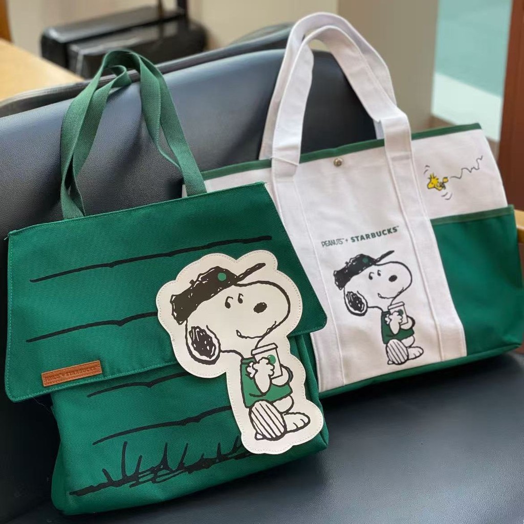 2025 สไตล์ใหม่ Starbucks Snoopy Co-Branded ขนาดใหญ่-ความจุพิมพ์ Tote Bag กระเป๋าสะพายกระเป๋าถือผ้าใบกระเป๋า