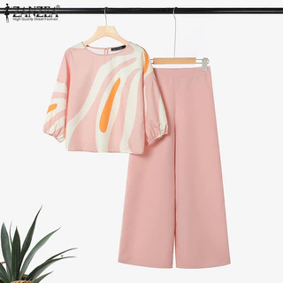 ZANZEA ใส่ ซานเซีย ผู้หญิงเกาหลีสบายๆ โอ คอโคมไฟแขนพิมพ์เรขาคณิตเสื้อ + กลับเอวยืดหยุ่นสีทึบกางเกงขากว้างไม่มีกระเป๋าสูท