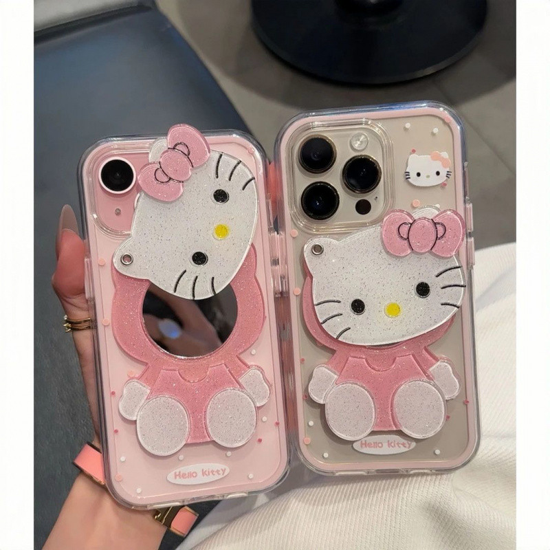 Dotted Hello Kitty Mirror 16/15/14/13 เคสโทรศัพท์ การ์ตูนน่ารัก IPhone Xsmax/Xr เคสป้องกัน