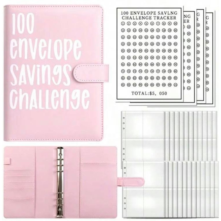 100 ซองเงินท้าทาย A5 Binder พร้อมซองเงินสด Budget Book เพื่อบันทึก $50 ใน 100 วัน เหมาะสําหรับ Budge