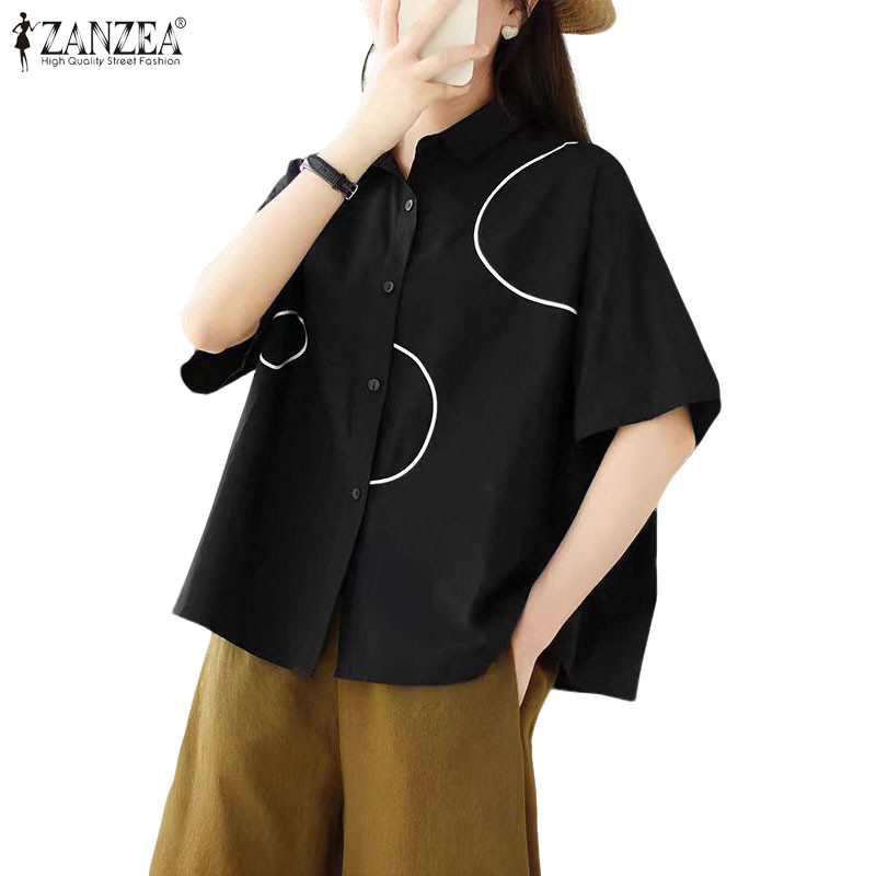 ZANZEA เสื้อแฟชั่นคอปกแขน3/4 หลวม พิมพ์ลายเกาหลีสำหรับผู้หญิง ราคา ถูกที่สุด ดีลบีเคเค แกลเลอรีภาพที่ 6
