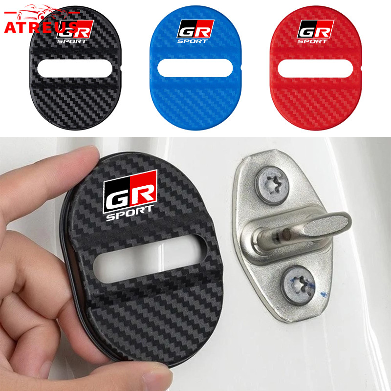 4ชิ้น Toyota GR รถล็อคประตูหัวเข็มขัดปก ล็อคประตูรถยนต์ เบาะสลักล็อคป้องกันการชนกัน ที่ล็อคประตูรถ ฝาครอบป้องกัน สำหรับ Toyota Prius Fortuner Corolla Cross CHR Camry Wish Vios Veloz Estima Sienta Yaris Ativ Altis Hilux Revo bZ4X Hiace