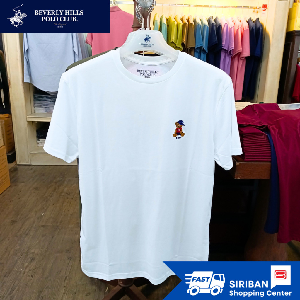 【COD】 BEVERLY HILLS POLO CLUB เสื้อยืดคอกลม สีพื้น ผู้ชาย ปักหมีใส่หมวกอกซ้าย