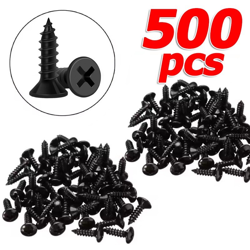 สกรูไม้แฉกหัวแบน 500 ชิ้น / หมุดสกรูสีดํา 16 มม. / สกรูแตะตัวเองงานไม้