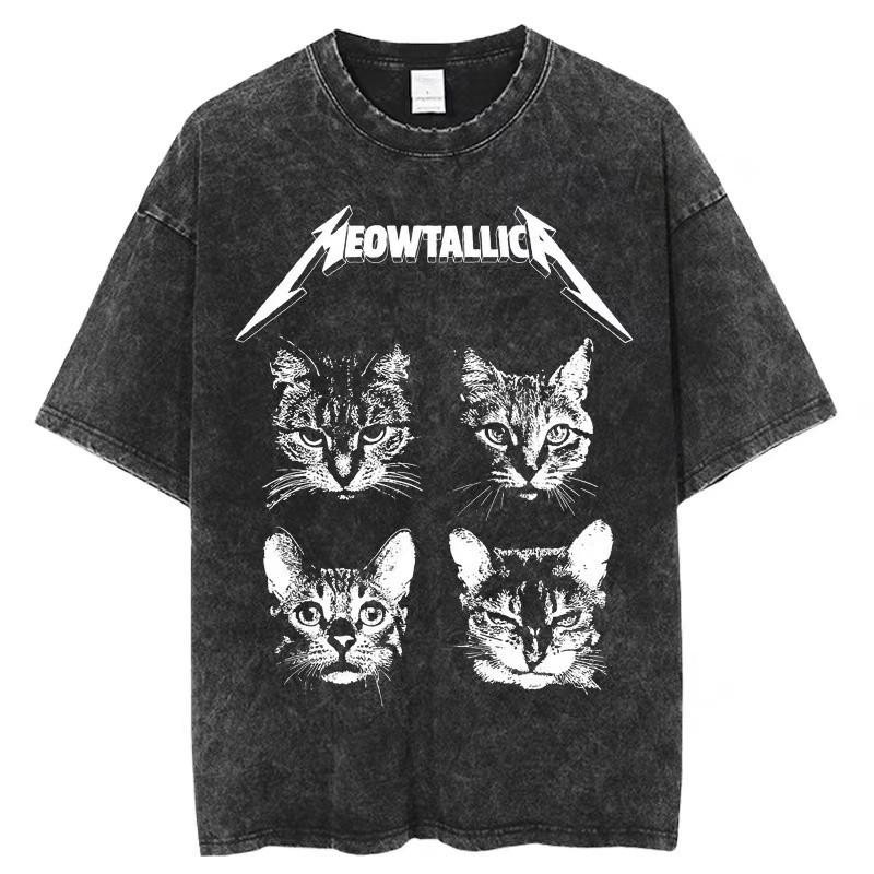 Papaya เสื้อยืดฟอก ‘Meowtallica’ ผ้าฝ้าย ผ้าฝ้าย100% Oversize สไตล์ฮิปฮอป เรโทร สีดำเข้ม แฟชั่น เรโทรเสื้อ WS0031